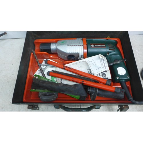 5031 - A Metabo BHE6018S R&L, 110v hammer drill with an assortment of drill bits - in case,  a Makita 8419B... 