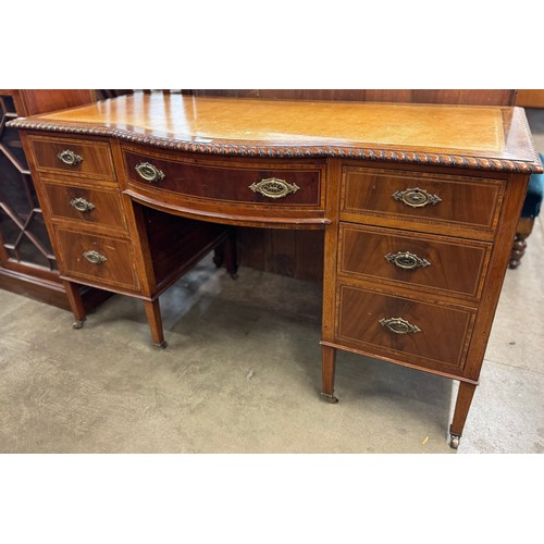 160 - An Edward VII inlaid walnut and tan leather topped desk