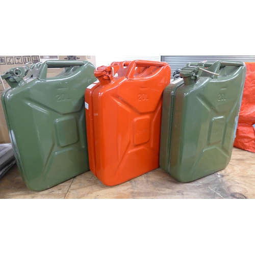 5267 - Three 20L Clarke Jerry cans - two green and one red