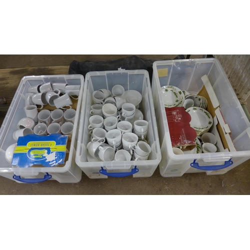 5273 - 2 x 64 litre 'Really Useful' clear plastic storage boxes full of tea and coffee cups and saucers and... 