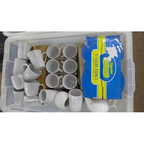 5273 - 2 x 64 litre 'Really Useful' clear plastic storage boxes full of tea and coffee cups and saucers and... 