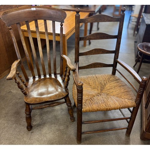 179 - A beech farmhouse kitchen chair and an oak rush seated armchair