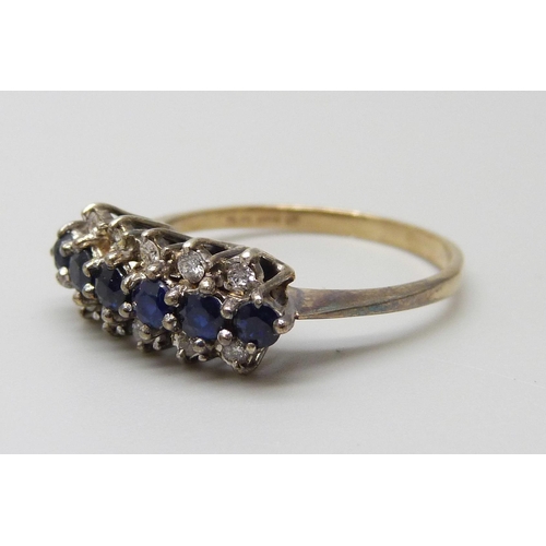 1001 - A 9ct gold six sapphire and ten diamond ring, 3g, P