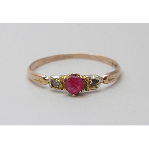 1010 - A 9ct gold ruby and diamond ring, 1.1g, P