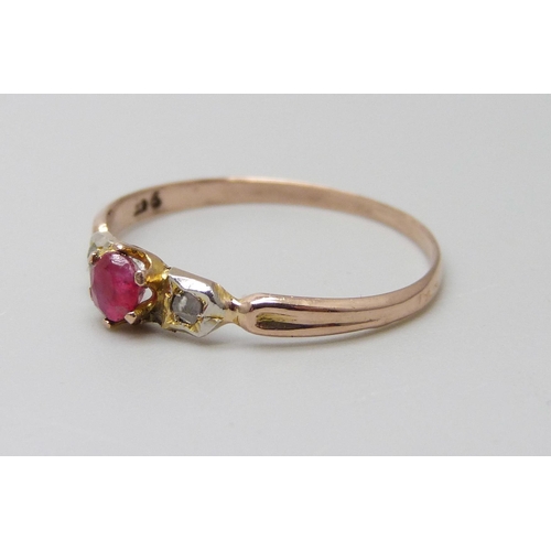 1010 - A 9ct gold ruby and diamond ring, 1.1g, P