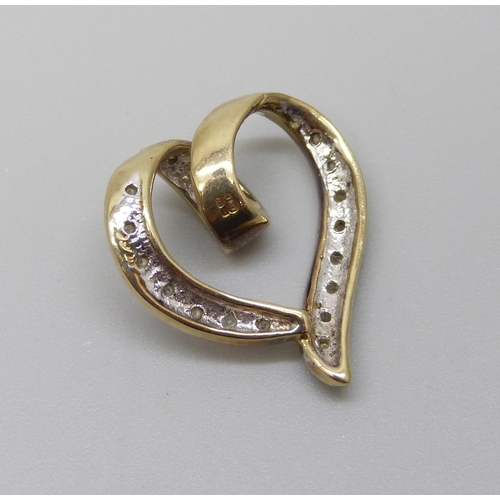 1025 - A 9ct gold and diamond set heart pendant, 2.1g, 2cm