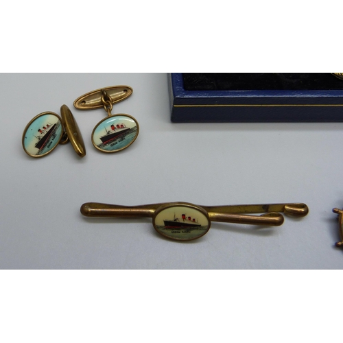 1037 - A pair of Queen Mary cruise liner cufflinks with matching tie-clip, an enamelled badge and two other... 