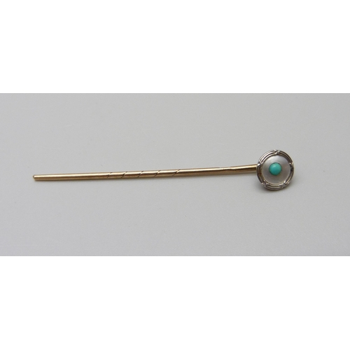 1039 - A 9ct gold, turquoise and mother of pearl stick pin, 1g, point a/f