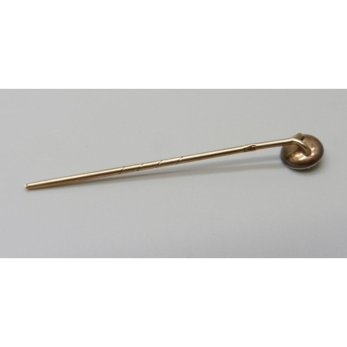 1039 - A 9ct gold, turquoise and mother of pearl stick pin, 1g, point a/f