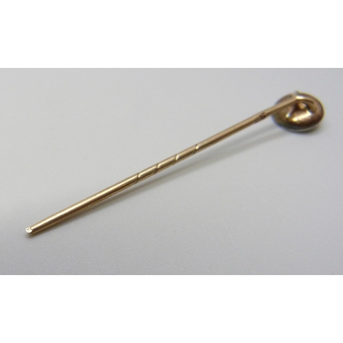 1039 - A 9ct gold, turquoise and mother of pearl stick pin, 1g, point a/f