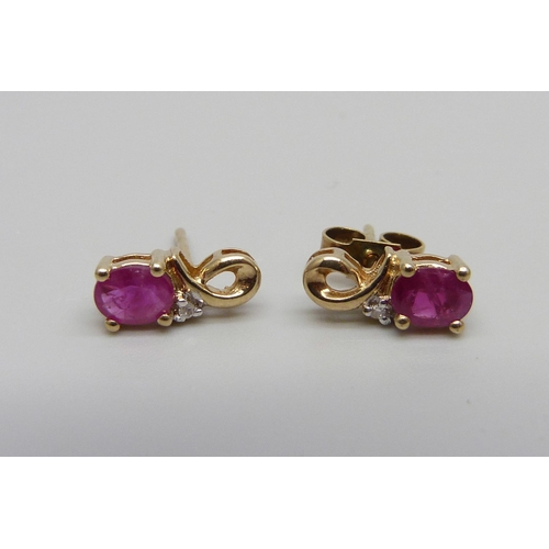 1050 - A pair of yellow metal, diamond and ruby earrings, marked DIA, one butterfly, 1.3g