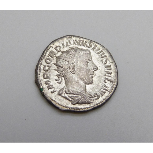 1073 - Gordian III 241-243AD Antoninianus silver Radiate draped and cuirassed bust - Rome mint reverse PMTR... 