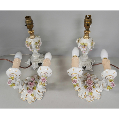 1108 - Four matching floral encrusted Neopolitan lights, two wall lights and two table lamps **PLEASE NOTE ... 