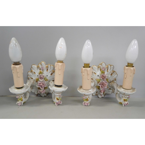 1108 - Four matching floral encrusted Neopolitan lights, two wall lights and two table lamps **PLEASE NOTE ... 