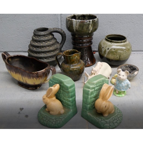 1111 - A pair of Sylvac bookends, a Beswick pig, Beatrix Potter figure, studio pottery, etc. **PLEASE NOTE ... 