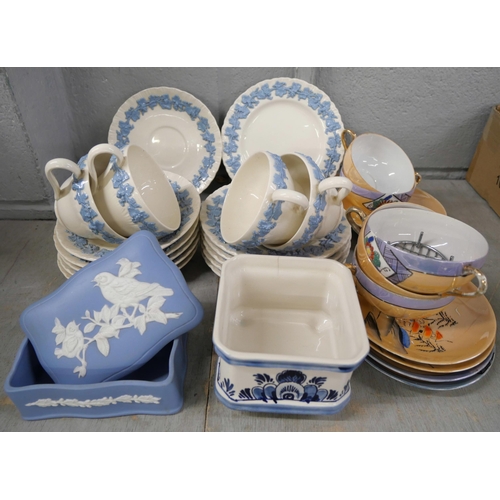 1117 - Three boxes of mixed china including Spode, Wedgwood, Susie Cooper design, oriental, a pestle and mo... 