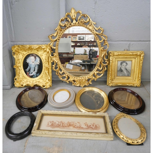 1118 - Three framed pictures including 19th century engraving, picture frames and a gilt metal mirror **PLE... 