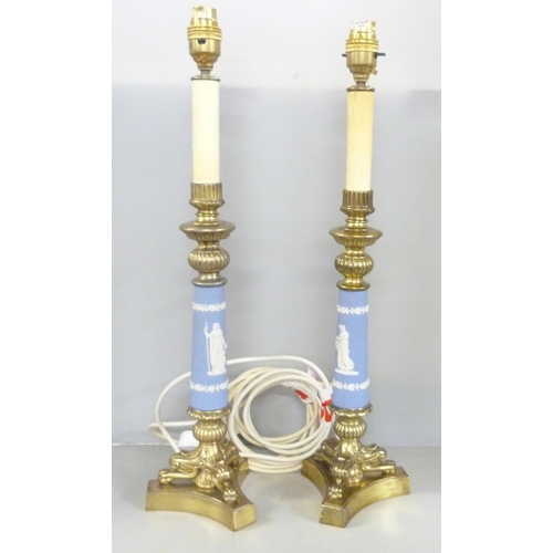 601 - A pair of Wedgwood jasper candlestick table lamps, 50.5cm