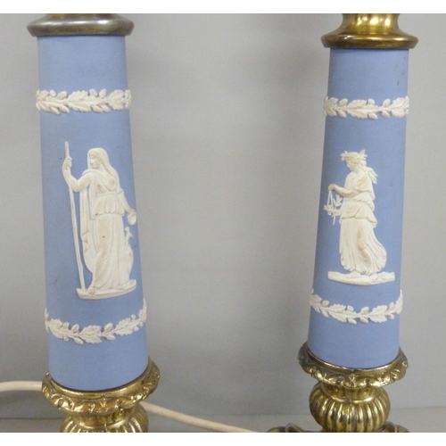 601 - A pair of Wedgwood jasper candlestick table lamps, 50.5cm