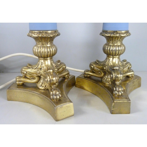 601 - A pair of Wedgwood jasper candlestick table lamps, 50.5cm