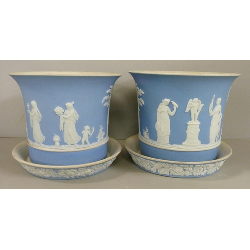 604 - A pair of Wedgwood blue jasper planters with saucers, 9cm