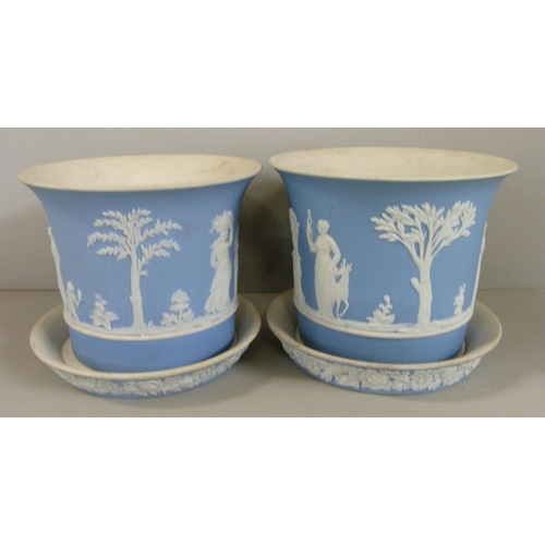 604 - A pair of Wedgwood blue jasper planters with saucers, 9cm