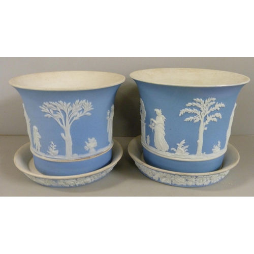 604 - A pair of Wedgwood blue jasper planters with saucers, 9cm