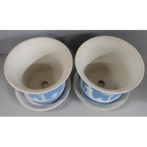 604 - A pair of Wedgwood blue jasper planters with saucers, 9cm