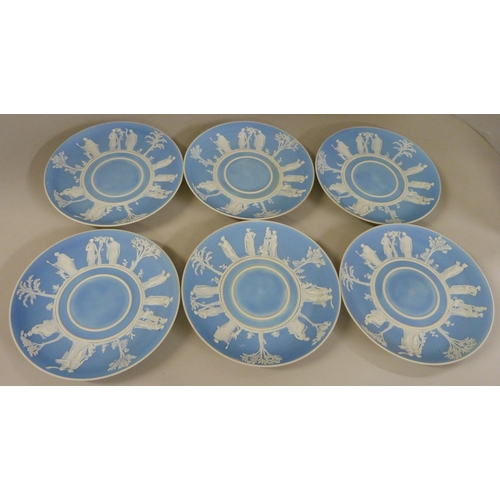 605 - Six Wedgwood blue jasper saucers, 14cm