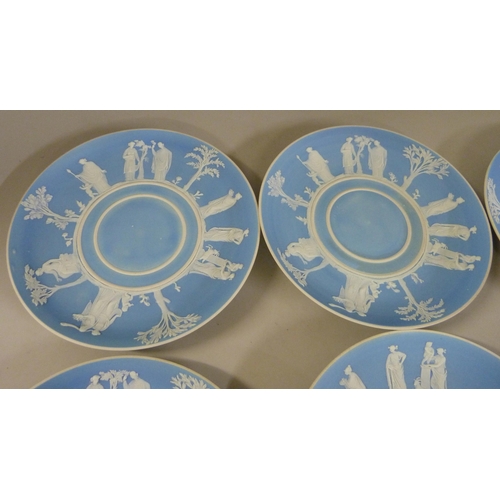 605 - Six Wedgwood blue jasper saucers, 14cm