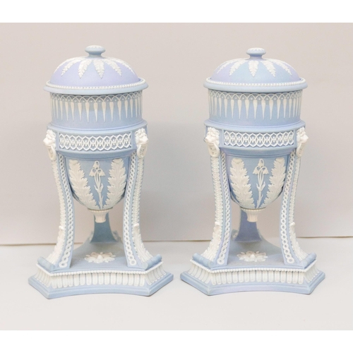 607 - A pair of Wedgwood blue jasper cassolettes, ovoid bowls, tripod legs with acanthus leaves, lion mask... 