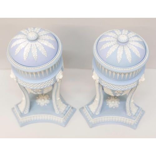 607 - A pair of Wedgwood blue jasper cassolettes, ovoid bowls, tripod legs with acanthus leaves, lion mask... 