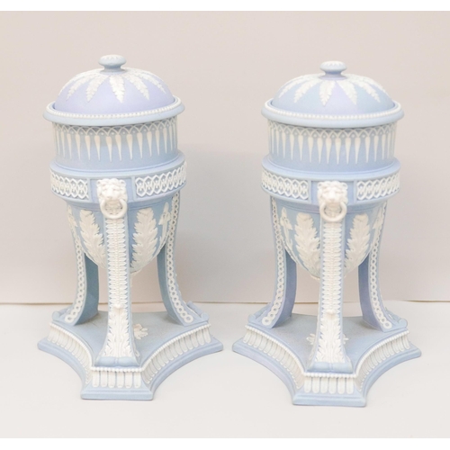 607 - A pair of Wedgwood blue jasper cassolettes, ovoid bowls, tripod legs with acanthus leaves, lion mask... 