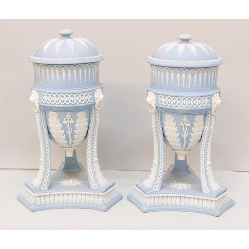 607 - A pair of Wedgwood blue jasper cassolettes, ovoid bowls, tripod legs with acanthus leaves, lion mask... 