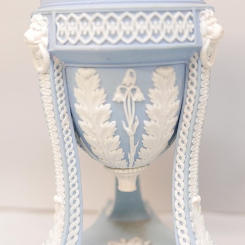 607 - A pair of Wedgwood blue jasper cassolettes, ovoid bowls, tripod legs with acanthus leaves, lion mask... 