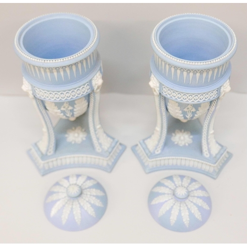 607 - A pair of Wedgwood blue jasper cassolettes, ovoid bowls, tripod legs with acanthus leaves, lion mask... 