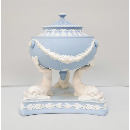 611 - A Wedgwood blue jasper pastille burner on a tripod stand with dolphin legs, 13.5cm