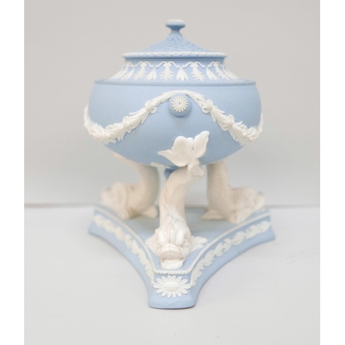 611 - A Wedgwood blue jasper pastille burner on a tripod stand with dolphin legs, 13.5cm