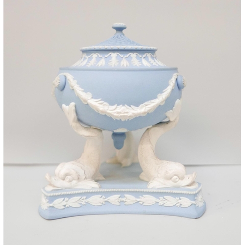 611 - A Wedgwood blue jasper pastille burner on a tripod stand with dolphin legs, 13.5cm