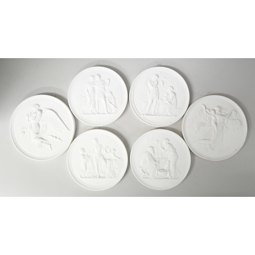 625 - Six Royal Copenhagen circular plaques of classical scenes, four 138mm diameter, two 150mm diameter