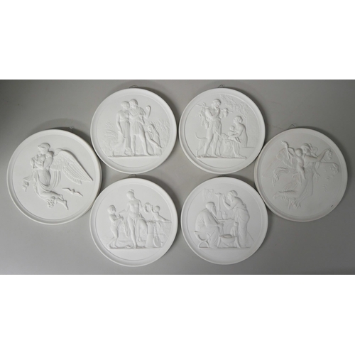 625 - Six Royal Copenhagen circular plaques of classical scenes, four 138mm diameter, two 150mm diameter