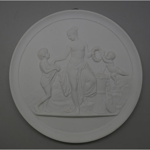 625 - Six Royal Copenhagen circular plaques of classical scenes, four 138mm diameter, two 150mm diameter