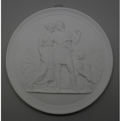 625 - Six Royal Copenhagen circular plaques of classical scenes, four 138mm diameter, two 150mm diameter