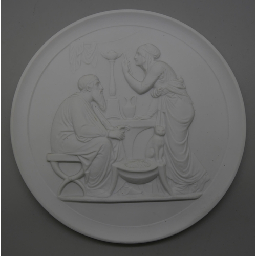 625 - Six Royal Copenhagen circular plaques of classical scenes, four 138mm diameter, two 150mm diameter