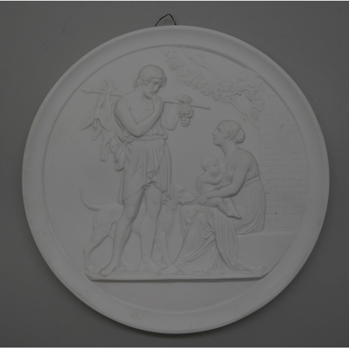 625 - Six Royal Copenhagen circular plaques of classical scenes, four 138mm diameter, two 150mm diameter