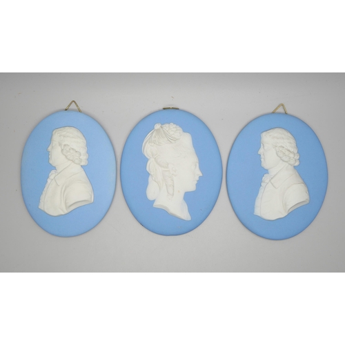 630 - Two Wedgwood blue jasper oval plaques of Josiah Wedgwood, one 9cm x 11.3cm and other 8.5cm x 11cm on... 