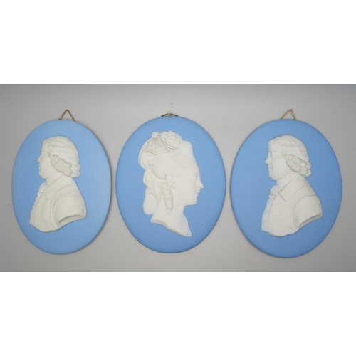 630 - Two Wedgwood blue jasper oval plaques of Josiah Wedgwood, one 9cm x 11.3cm and other 8.5cm x 11cm on... 