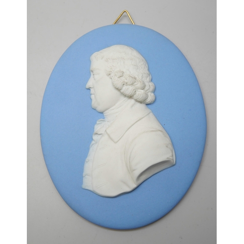 630 - Two Wedgwood blue jasper oval plaques of Josiah Wedgwood, one 9cm x 11.3cm and other 8.5cm x 11cm on... 