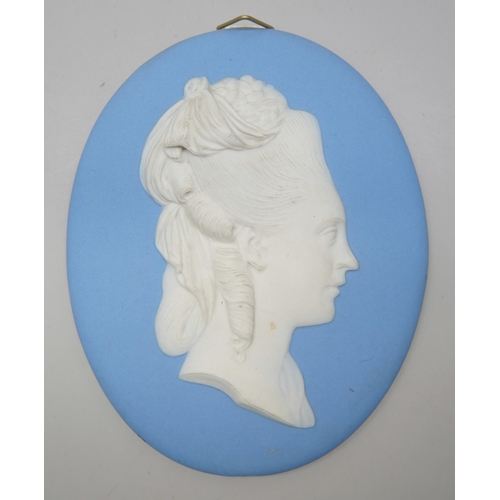 630 - Two Wedgwood blue jasper oval plaques of Josiah Wedgwood, one 9cm x 11.3cm and other 8.5cm x 11cm on... 