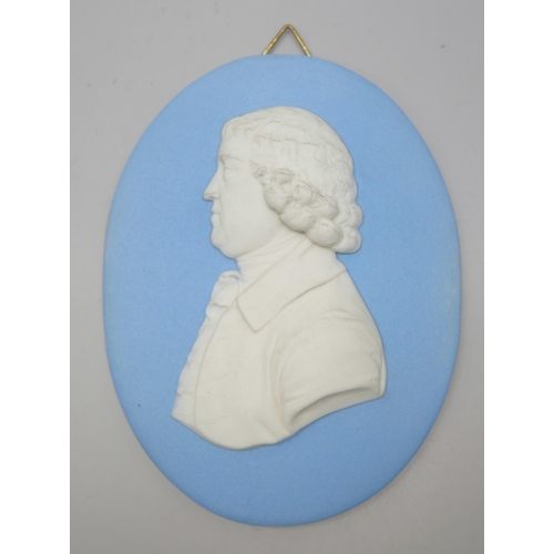 630 - Two Wedgwood blue jasper oval plaques of Josiah Wedgwood, one 9cm x 11.3cm and other 8.5cm x 11cm on... 